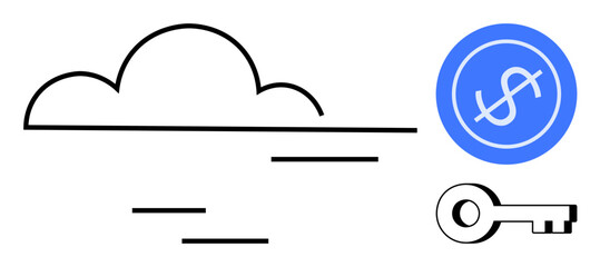 Minimalist cloud design paired with key and circle containing dollar symbol. Ideal for cloud service, security, finance, online savings, digital access, subscription plans, simple flat metaphor