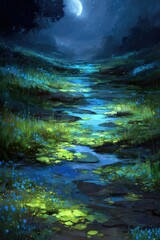 Obraz premium Glowing Night River Through Meadow Forest