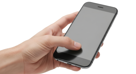A hand holds a sleek black smartphone, finger poised to touch the blank screen.