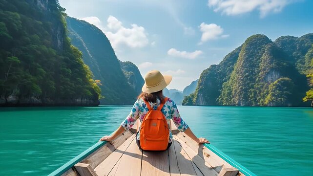 Woman in boat on turquoise water surrounded by limestone karsts and lush greenery