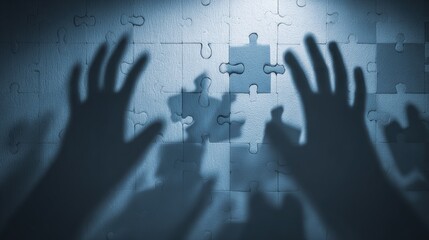 Silhouette Hands Reaching For Broken Puzzle Pieces