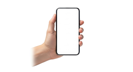 A hand holds a smartphone with a blank, white screen, showcasing its modern design and potential for app display.