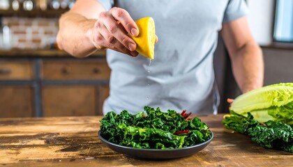 A person is squeezing fresh lemon juice over a vibrant green salad on a dark plate, highlighting healthy eating habits in a home kitchen.