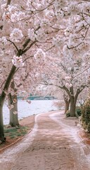 Naklejka premium Cherry blossom path, spring walk, water view, peaceful scene, nature calendar