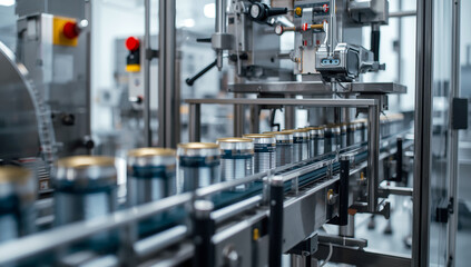 High-speed automated production line for canning beverages in a modern industrial factory