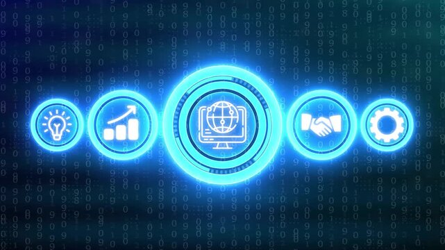 Blue glowing business icons in a row on a digital matrix background with binary code technology