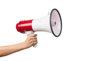 A hand holding a red and white megaphone, isolated on a white background.
