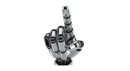 A metallic robot hand pointing upwards, isolated on a clean white background.