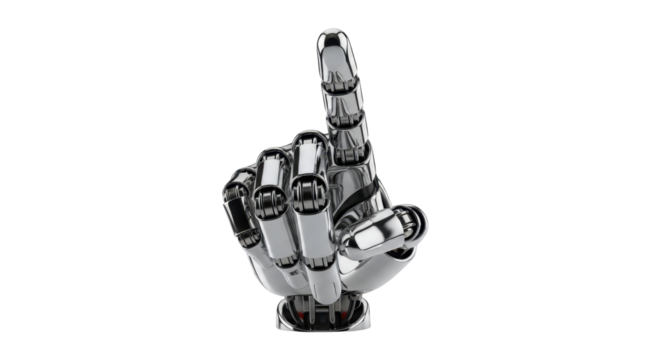 A metallic robot hand pointing upwards, isolated on a clean white background.