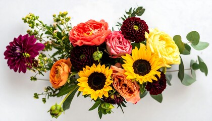 Obraz premium Vibrant bouquet of sunflowers, roses, dahlias, and ranunculus in a mix of autumnal colors against a white background.