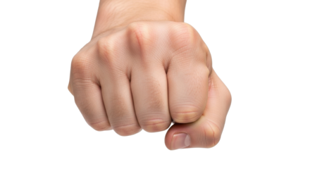 Close-up shot of a clenched fist against a clean white background, showing skin texture.