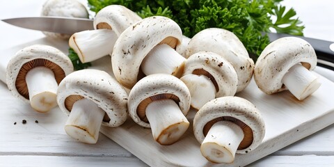 Fresh White Button Mushrooms on Wooden Board