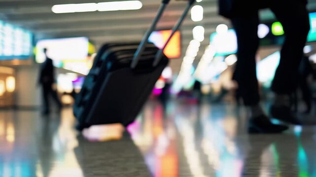 This video captures a traveler pulling a suitcase across the shiny floor of a busy airport. Blurred lights and footsteps reflect the hustle, anticipation, and excitement of departure and new journeys 