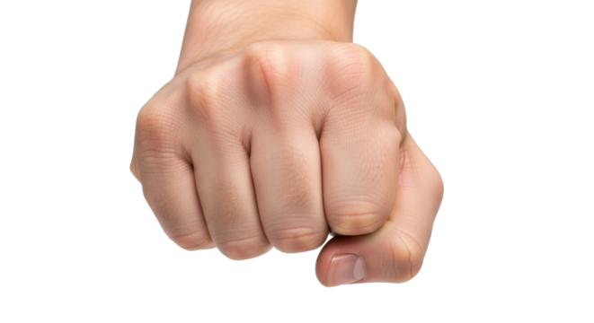 Close-up shot of a clenched fist against a clean white background, showing skin texture.