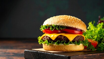 Delicious Cheeseburger with Fresh Lettuce and Tomatoes on a Wooden Board.