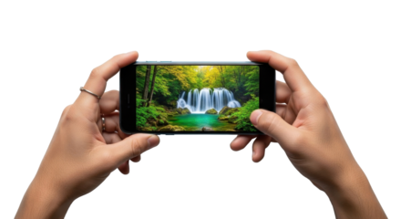 Hands holding a smartphone displaying a vibrant waterfall scene surrounded by lush green trees.