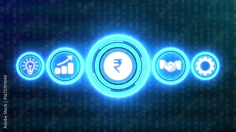 Aufkleber glowing blue digital icons representing business growth and finance against a binary code background