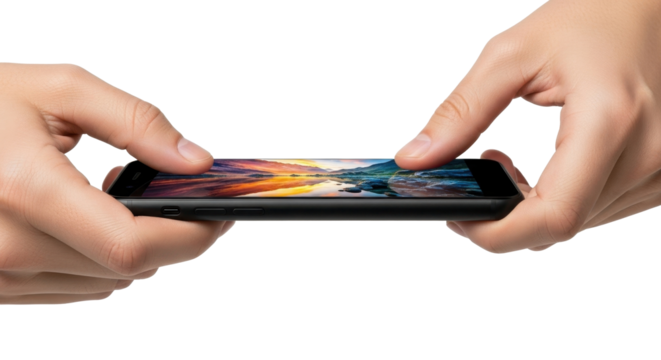 Two hands holding and interacting with a smartphone, focusing on the screen.