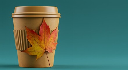 Autumn Coffee Delight: A cozy autumn scene showcasing a disposable coffee cup adorned with a vibrant maple leaf. The warm beverage is set against a calm turquoise background. 