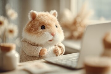 Delighted hamster at laptop: a morning of joy. Anthropomorphic pet. Crypto hype unravelled: wealth opportunity or empty promise. Decentralized money facts. Hamster moment.