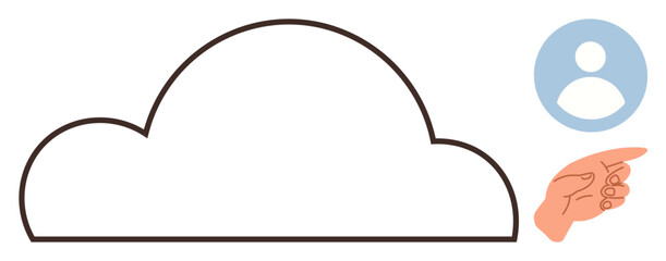 Outline of cloud paired with user profile icon and pointing hand gesture. Ideal for data storage, user access, cloud computing, digital interaction, account access, online services, simple flat
