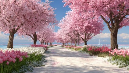 Naklejka premium Coastal Cherry Blossom Path, Spring, Tulips, Sunny Day, Vacation