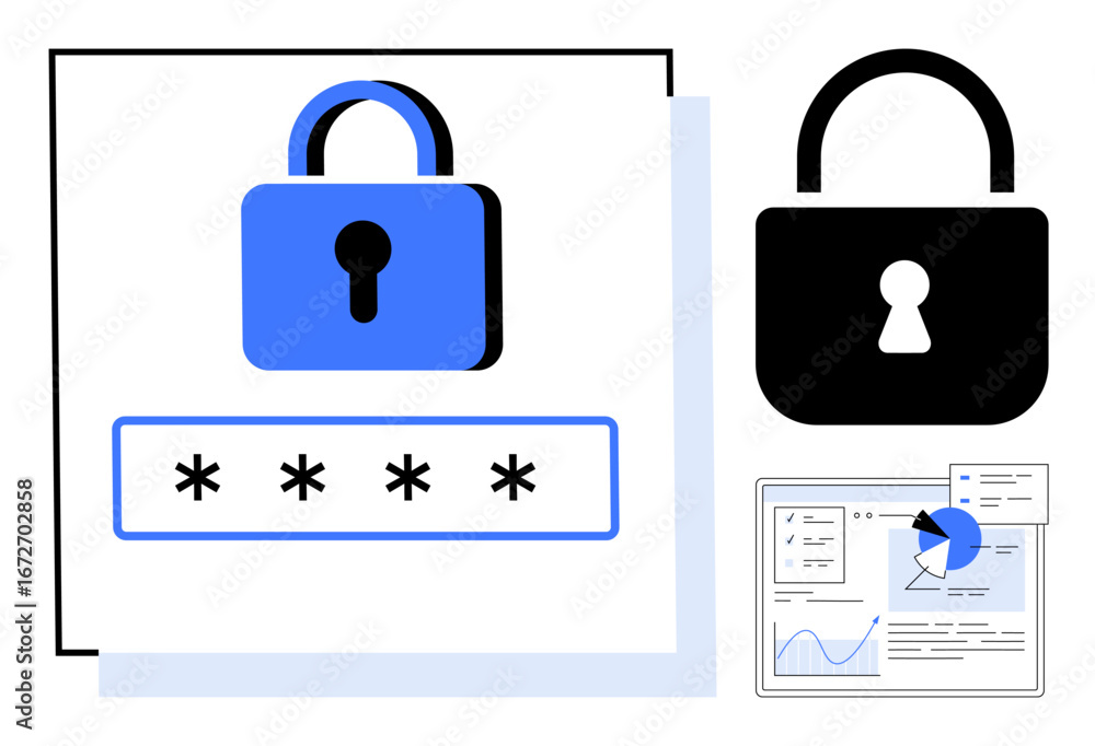 Poster blue lock with password placeholder, black lock icon, and analytics dashboard. ideal for security, p