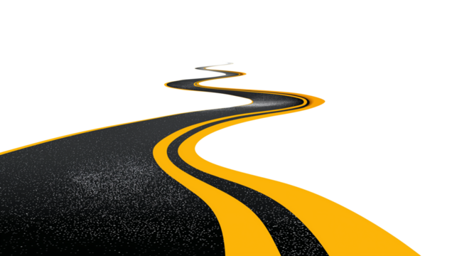Curved black asphalt road with yellow lines on white background. Abstract highway design for transport, travel, and infrastructure concepts.  Isolated on transparent background, png