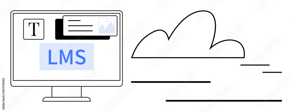 Poster computer screen displaying lms with text, image, and cloud graphic. ideal for education, e-learning,