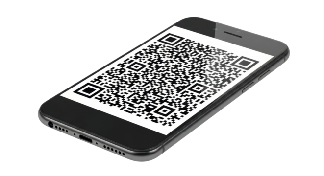 Smartphone displaying a complex QR code against a white background.