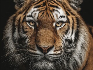 Majestic tiger gazes intensely with striking orange and black stripes against a dark background in a powerful display of beauty