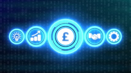 Blue Neon Business Icons Including Pound Sterling Symbol Against Digital Binary Code Matrix finance cryptocurrency - Powered by Adobe