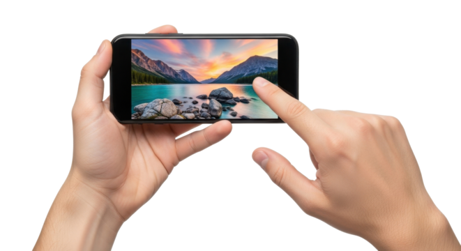 Hands holding a smartphone displaying a scenic landscape photo of a lake and mountains at sunrise.
