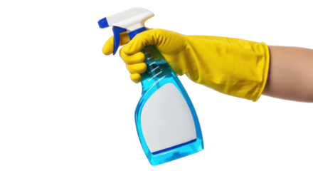 Hand in yellow cleaning glove holding a blue spray bottle of cleaning solution.