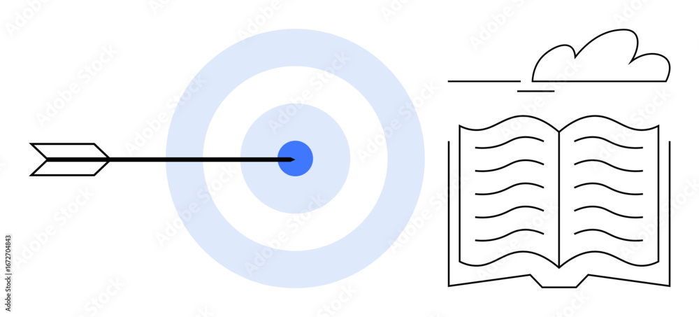 Poster arrow reaching bullseye center in concentric blue target accompanied by an open book and minimal clo