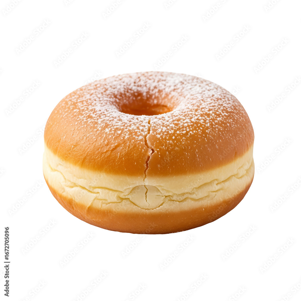 Poster powdered doughnut sits centered against a dark , its texture and color vividly displayed!