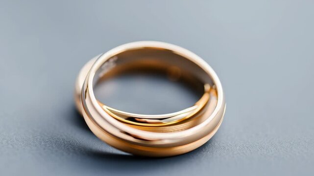 Golden wedding rings slowly rotating against neutral gray backdrop, symbolizing eternal love and marital commitment