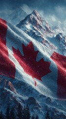 Majestic Canadian flag waving over snow-capped mountains during a serene winter day