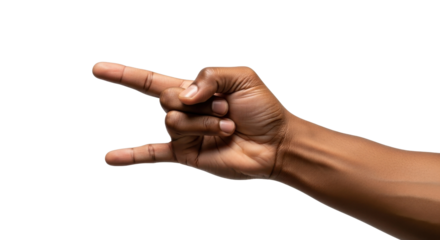 Close-up of a dark-skinned hand making a rock and roll sign against a plain white background.
