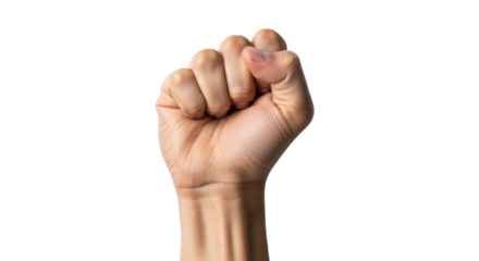 A close-up view of a clenched human fist raised against a white background.