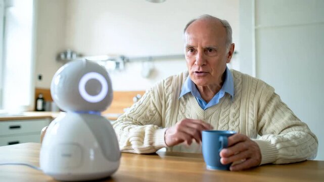Elderly man with companion robot, senior care technology, social robot interaction, aging and AI, smart assistant for elderly, human-robot communication, future of caregiving, home tech support
