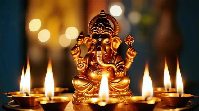 Ganesh Chaturthi celebration, Lord Ganesha idol with oil lamps, Hindu festival decor, traditional prayer setup, festive lights, Indian spirituality, cultural worship scene, religious offering ritual