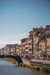 Fototapeta premium Images of Florence including Ponte Vecchio, Arno river, Duomo Cathedral, romantic couples, sunset views, and the iconic Leaning Tower of Pisa.