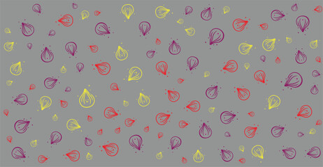 Abstract illustration featuring scattered, stylized onion-like shapes in various colors on a gray background.