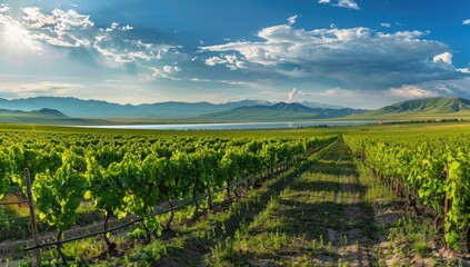 Fototapeta premium Vineyard valley sunset, lake view, agriculture