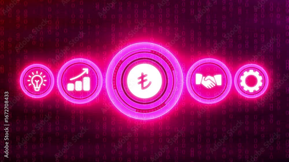 Poster bright pink neon business icons with yen symbol on digital binary code background abstract analytics