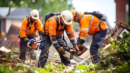 Tree service workers using chainsaws with cleaning up debris after a storm.