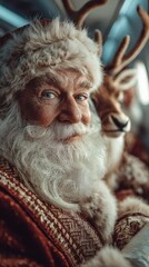 Santa Claus with reindeer close-up during holiday festivities