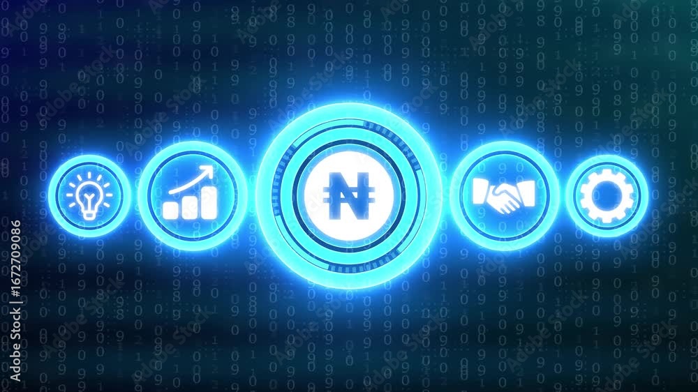 Poster blue neon icons for business growth and digital currency on binary code background finance technolog