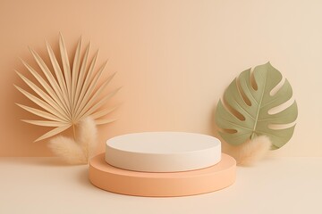 Chic product display podium with tropical leaf accents evokes a modern, minimalist aesthetic for beauty and fashion brands, ideal for e-commerce